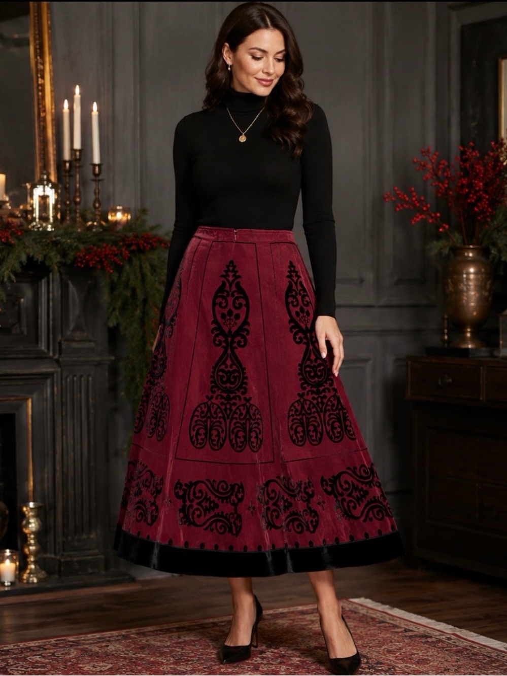MSK Burgundy Satin Flocked Velvet A-Line Midi Skirt 16 Holiday Party Gothic Chic